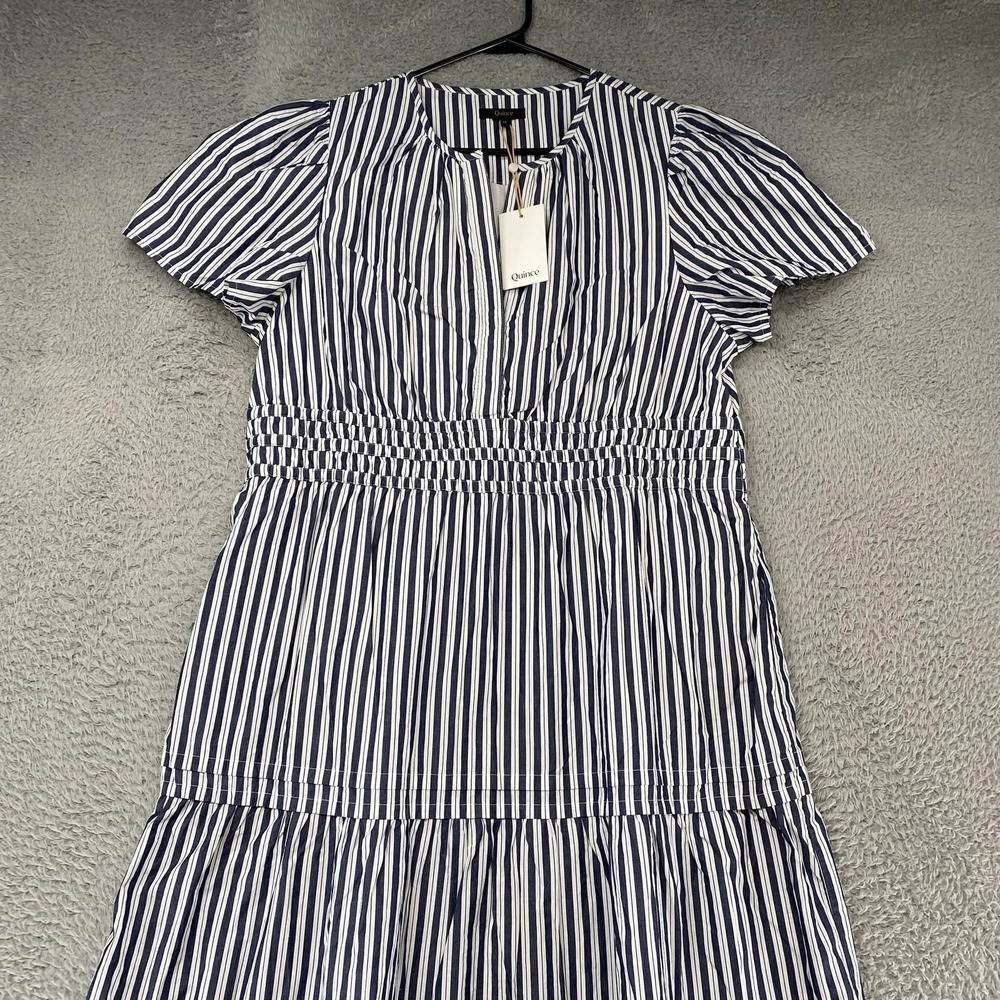 Quince Maxi Dress Womens XL Blue Striped Puff Sleeve Smocked V Neck Tiered - Picture 3 of 13